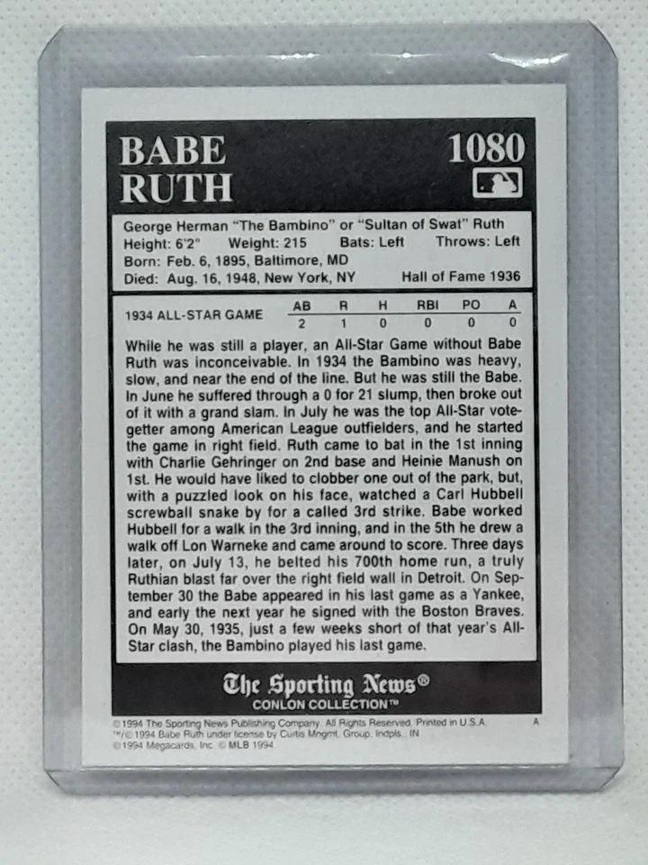 Babe Ruth 1994 Conlon Collection TSN - #1080 - New York Yankees - Image 2 of 2