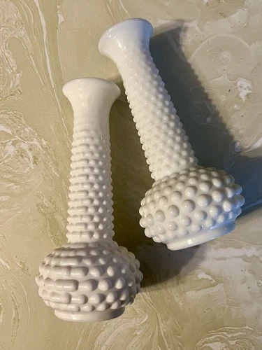Lot of 2 Vintage EO Brody White Milk Glass Hobnail Bud Vase 7.5” Tall USA