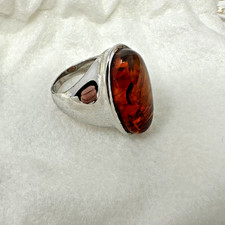 Sterling Silver 925 Elongated Oval Amber Ring - Size 8