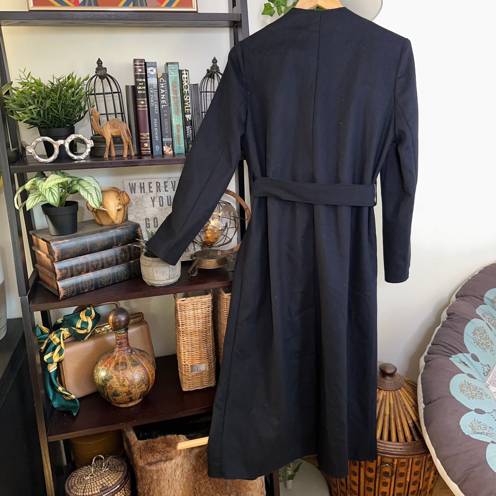 MAX&CO Decisio Wool Collarless Lapel Long Trench Coat Navy Blue Sz 2 NWT $789 image 8
