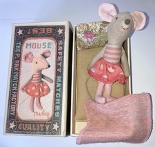 Maileg Big Sister Mouse Rare Red Lips Painted Nose Matchbox Bedding