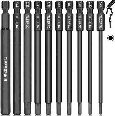 10 X Long 100MM 1/4 Inch Hex Head Allen Wrench Drill Bits, 5/16  to 5/64 , SAE,