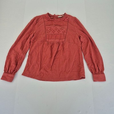 FAT FACE Blouse 12 Pink Women's 100% Cotton Long Sleeve Embroidered Top Lace