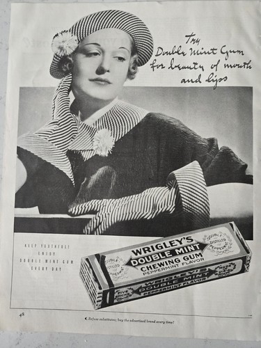 Wrigley's 1935 doble como nuevo goma de mascar mantener anuncio juvenil vintage - Imagen 1 de 1