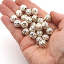 Round ribbed Christmas blown hollow silver glass beads 24pcs 12mm vintage Czech