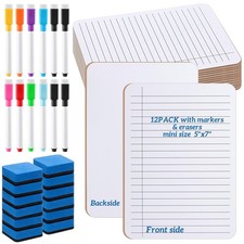 12 Sets 5x7 Small Dry Erase Board, Double Sided, Markers, Erasers, Lap Board