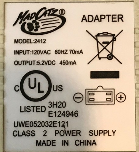 Adaptador de Videojuego Mad Catz Modelo 2412 Clase 2 Fuente de Alimentación 120VAC / 5.2VDC - Imagen 2 de 7
