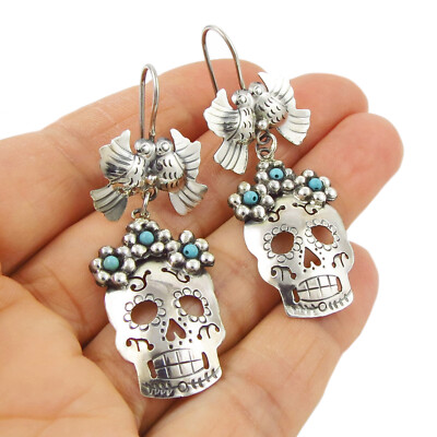 Frida Blumen und Schädel 925 Sterlingsilber mexikanischer Schädel Ohrringe