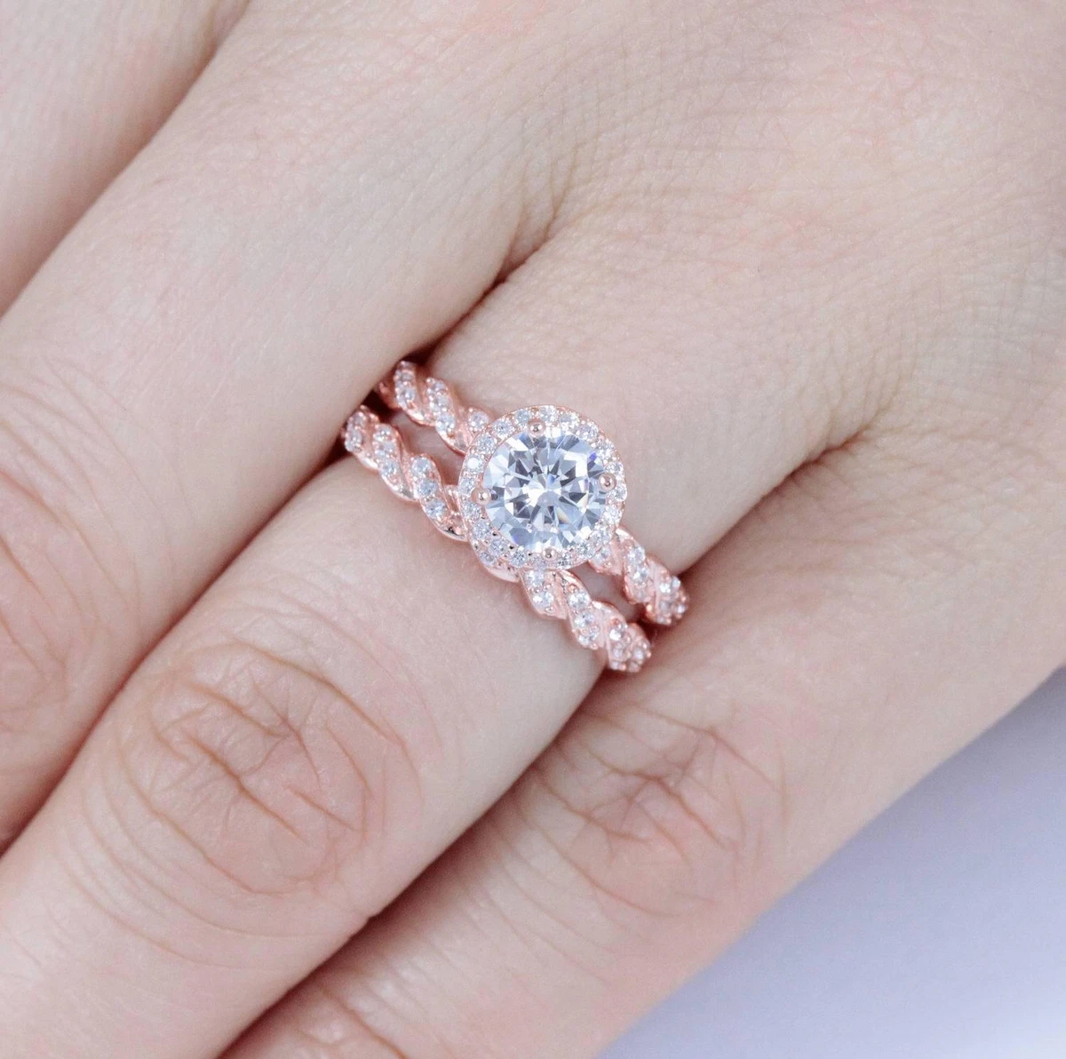 Rose Gold Plate Sterling Silver CZ Wedding Band Engagement Ring Set 2 15 S559A
