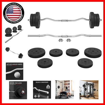 Complete Barbell Set: 55LB Olympic Curl Bar with Durable Plates for Home & Gym