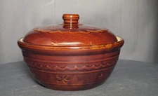 Marcrest Bowl Serving Daisy Dot Brwn Lidded Stoneware Ovenproof Made US Vintage
