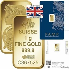1g .999 fine Gold PAMP Bullion Bar. Solid pure 24k gold for investment/gift