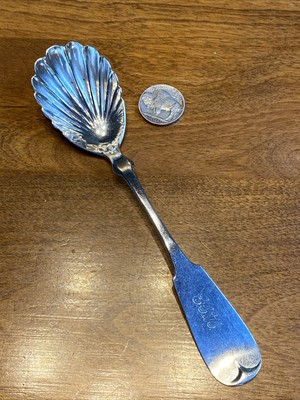 Antique Scalloped Shell Coin Silver Sugar Spoon C.C. Shaver, 20 grams w/ Mono