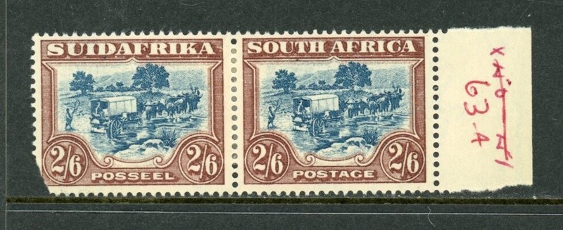 SOUTH AFRICA  # 63 A pair- missing corner , / 23-12-2d / Mint H