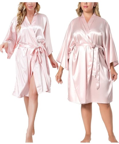 NEW Light Pink Satin Kimono Short Bath Robe Lingerie, Sleepwear Wms Sz 2X/3X