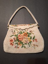 Vintage 50's-60's Beautiful Pearlized Ivory Beaded Petit Point Floral Handbag