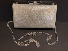 Nina Metallic Silver Glitter Evening Bag Clutch w/Rhinestone Bow Kiss Lock