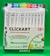 Zebra ClickArt Retractable Marker Pens 12 Colors 0.6mm Bullet Point Felt Tip NEW