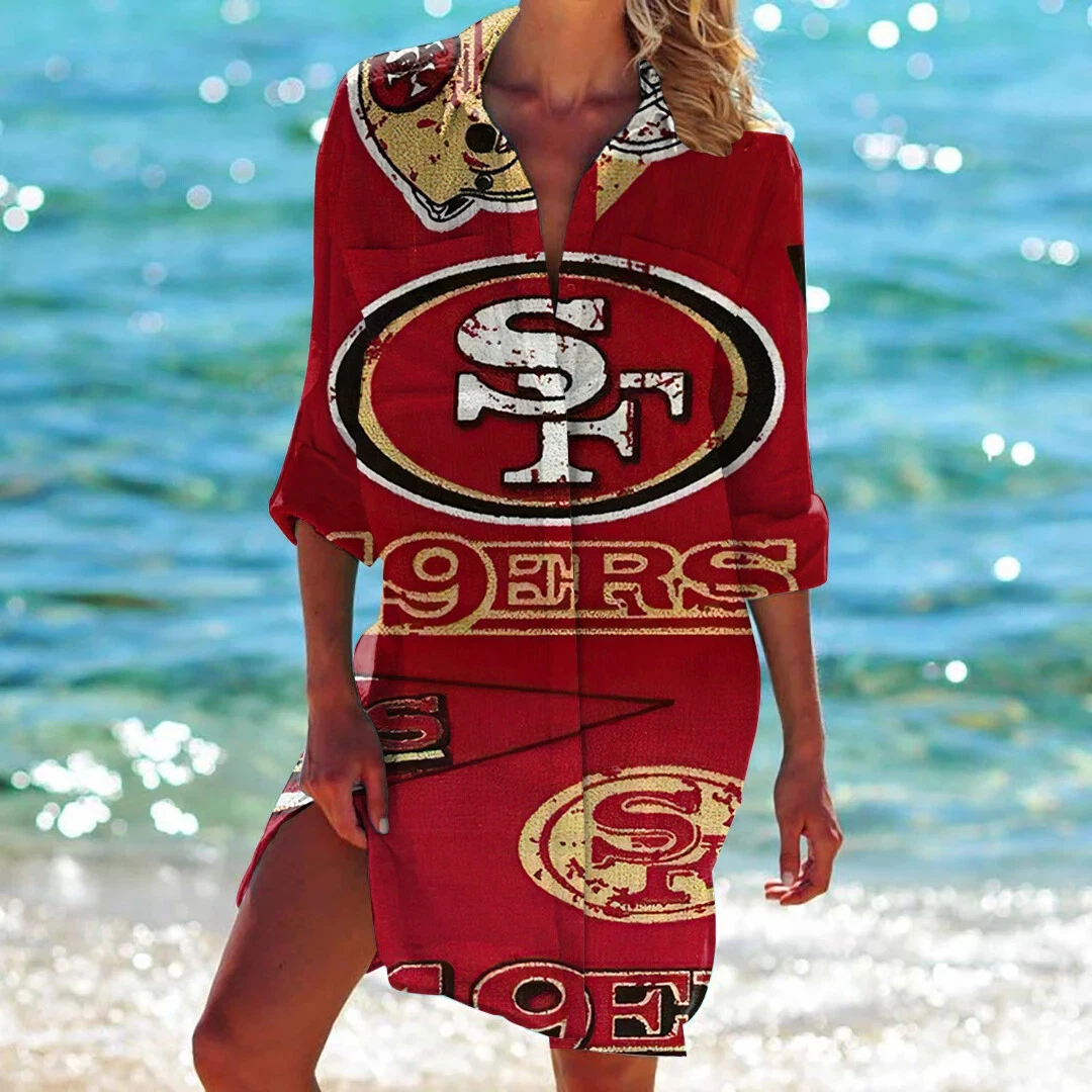 San Francisco 49ers Women Shirts Dress Button Down Blouse Summer Beach  Sundress