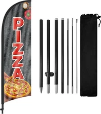Swooper Flag Banner with Pizza Feather Flag, Pole and Ground Stake - Black 