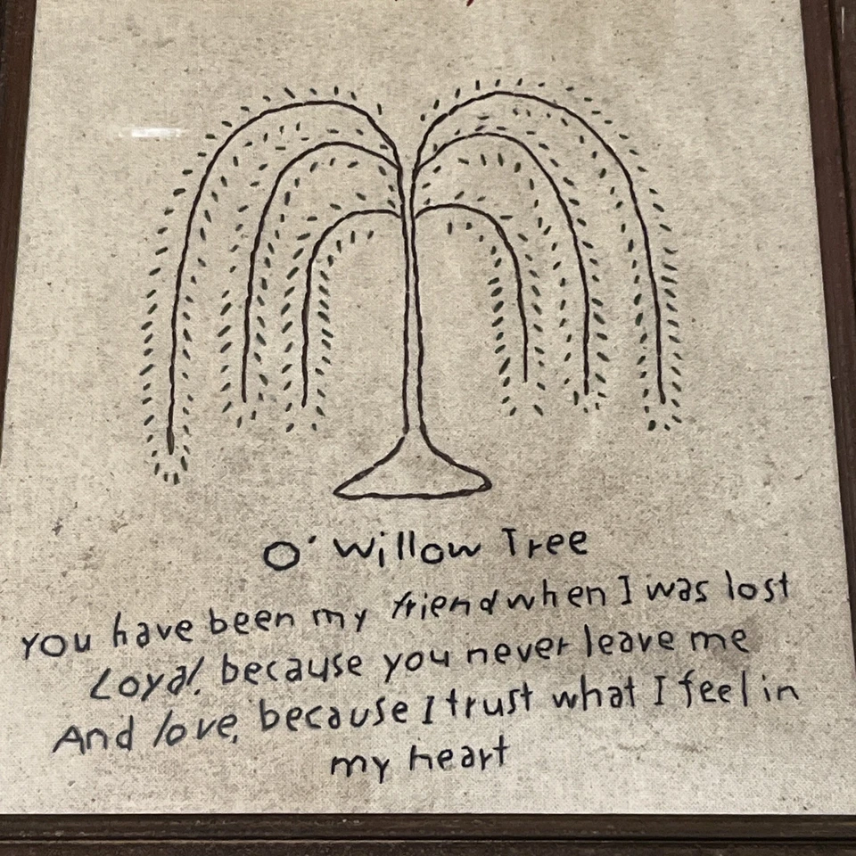 Vtg Primitive Folk Art Framed Embroidery Stitchery “O Willow Tree” 70’s Quote - Image 3 of 4
