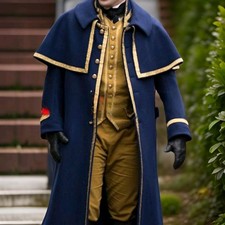 Men's Blue Gentleman Victorian Wool Coat With Gold Lace Trim Cape, Inverness