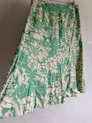 EWM GREEN &  BEIGE LINEN BLEND FLORAL PRINT MID RISE CIRCULAR MIDI SKIRT SIZE:16