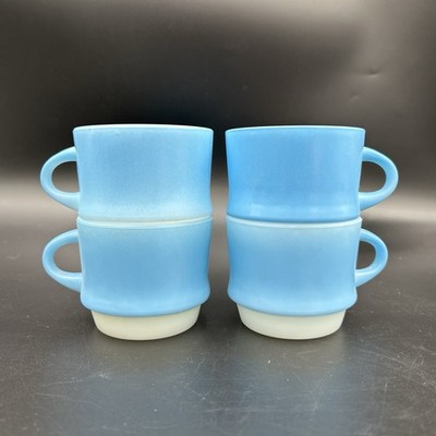 Fire-King Blue Mosaic Stackable C Handle Mugs Anchor Hocking Set of 4 USA