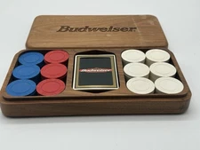 BUDWEISER wooden box 1970s, poker chips and cards set
