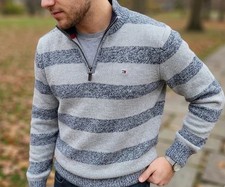 Tommy Hilfiger Youth Boy L 16/18 1/4 Zip Sweater Gray Striped Cotton Zipper