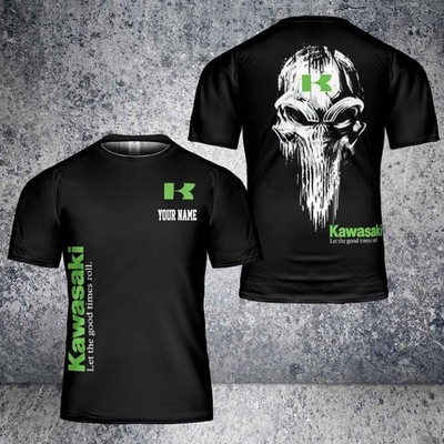 New Custom Name Men's Kawasaki Racing Skull Motorcycle Black 3D T-Shirt S-5XL