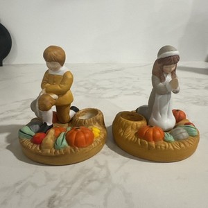 Thanksgiving Pilgrim  Candlestick Holder Ceramic Prayer Vintage 1987 house Lloyd
