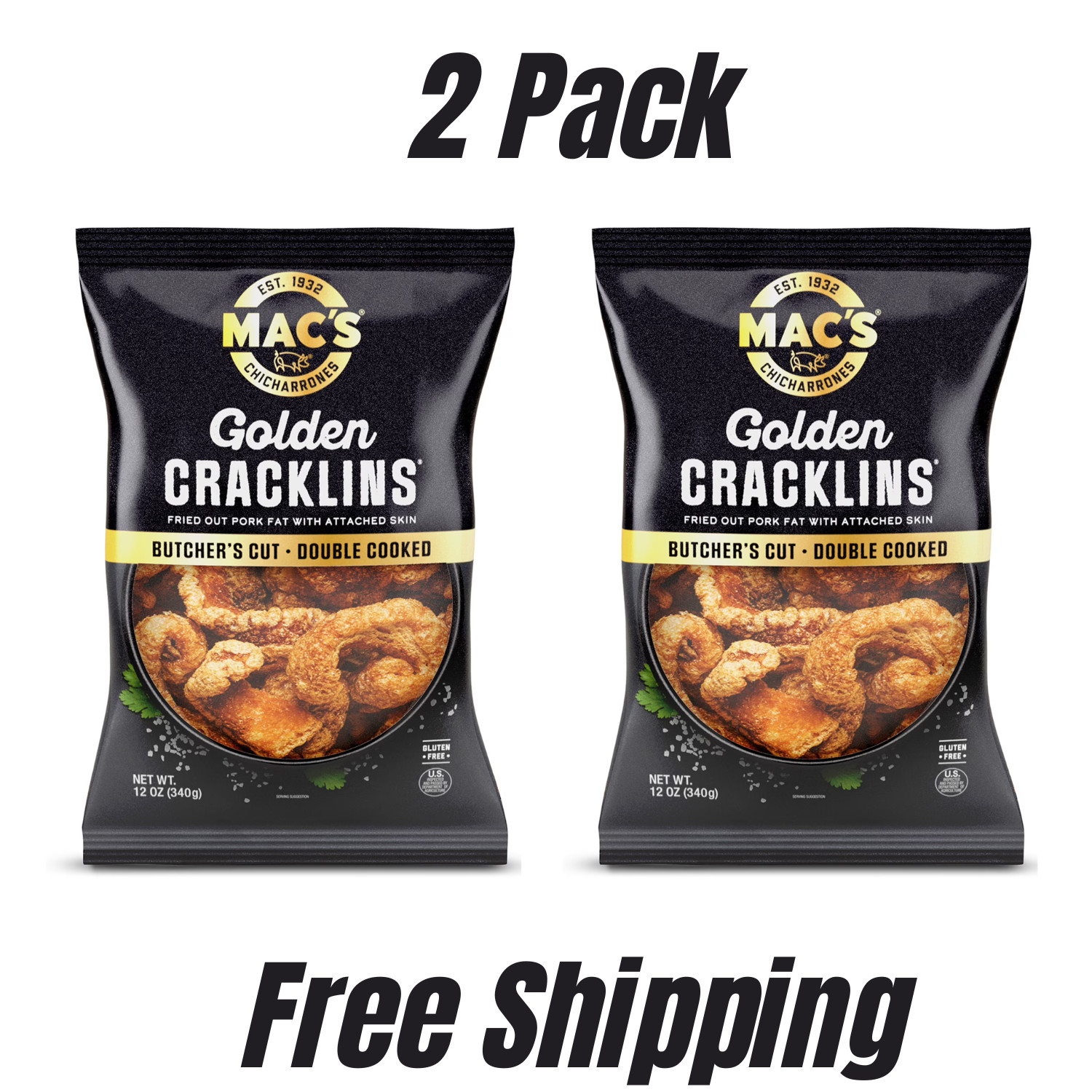 Mac's Chicharrones Golden Cracklin Curls, Fried Pork Fat with Skin, 12 oz, 2Pack