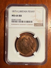 GREAT BRITAIN VICTORIA 1875  PENNY, CHOICE UNCIRCULATED, CERTIFIED PCGS MS64-RB