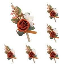 6pcs Orange Rose Red Boutonnieres for Men Groom Groomsmen Bride