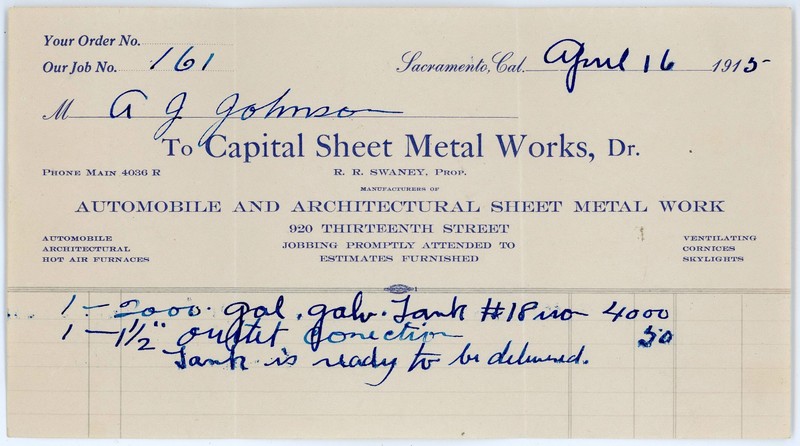 Antique 1915 Capital Sheet Metal Works Invoice Top 920 13th Street Sacramento CA