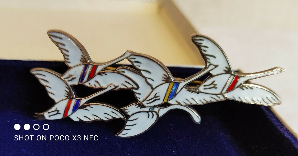 Broche Ancienne En Argent émaillée - Cygnes, Signée Erik Magnussen - Bon état