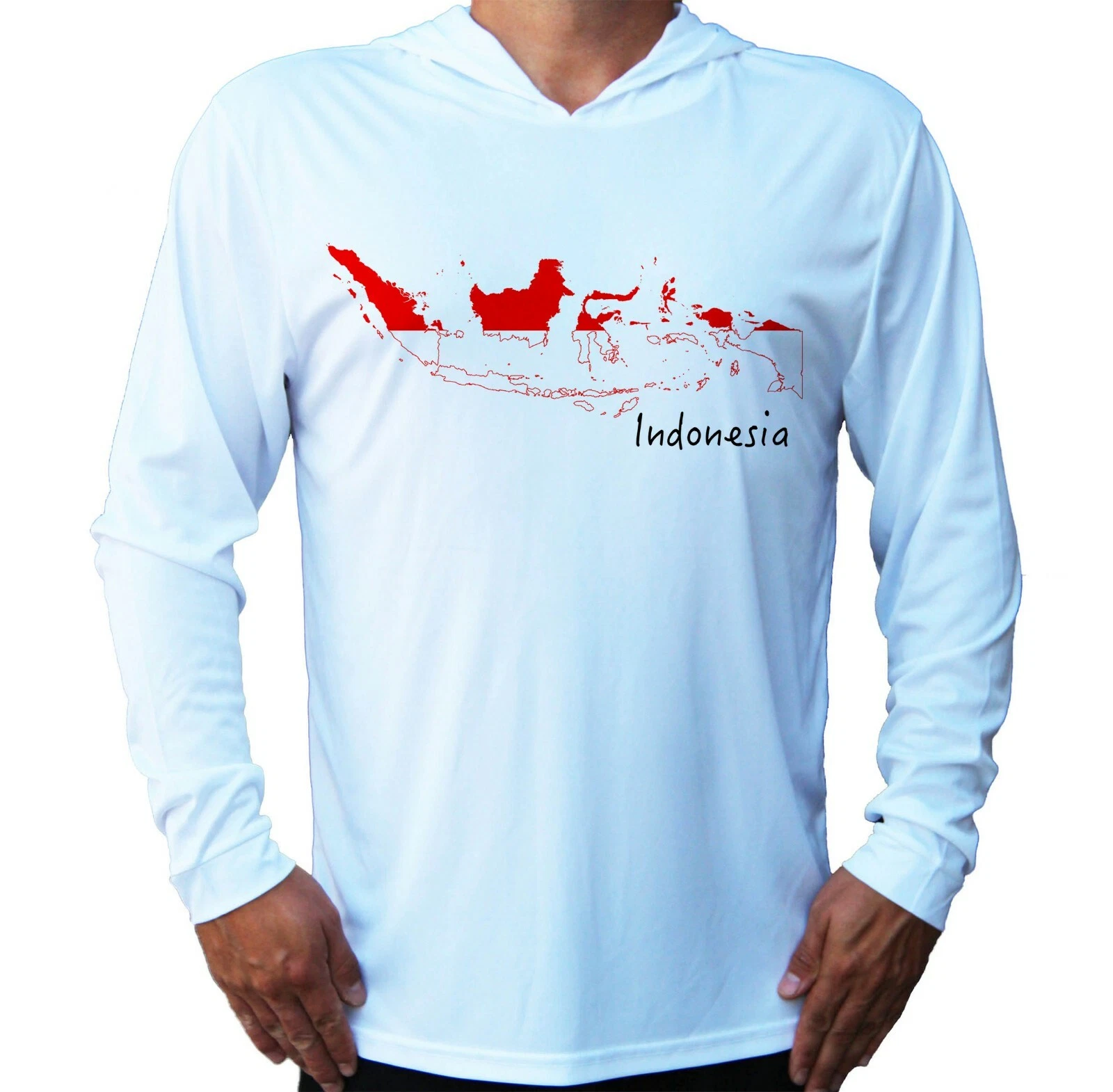 Flag Map Indonesia Sport UV Protected UPF 50 Long Sleeve T-Shirt Hood Fishing