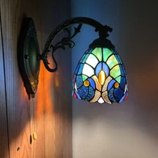 Tiffany Style Wall Sconce Lamp Blue Green Stained Glass  LED Bulb Included 9"H