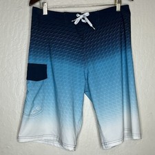 OP Flex 4 Way Stretch Ocean Pacific Blue Geometric Swim Board Trunks Mens SZ 32
