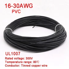 Black 16AWG to 30AWG PVC Electronic Wire Cable, Tinned Copper Stranded Wiring