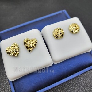 Authentic 2PC Gold Plated Golden Nugget Heart Round Hip Hop Stud Earring Earrings