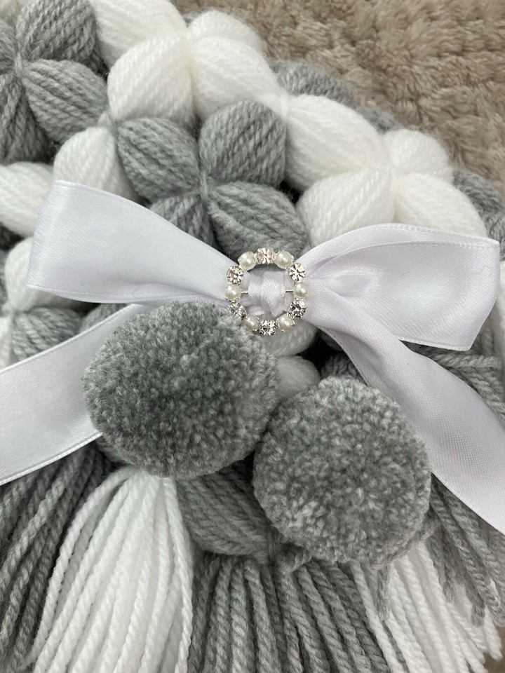 Handmade Baby Blanket Grey And White With Pom Poms eBay