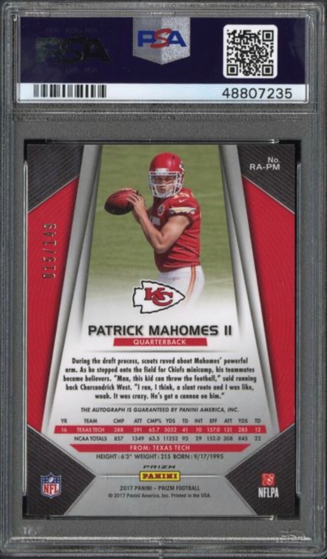 2017 Panini Prizm Patrick Mahomes Auto #15/149 JSY# Blue Wave RC PSA 9/10 *POP 6 view 3