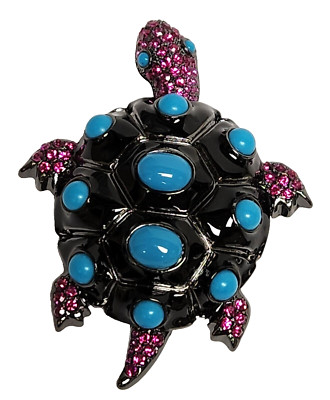 Large Princess Amanda Borghese Turquoise Fuchsia Pink Crystal Turtle Brooch 3''