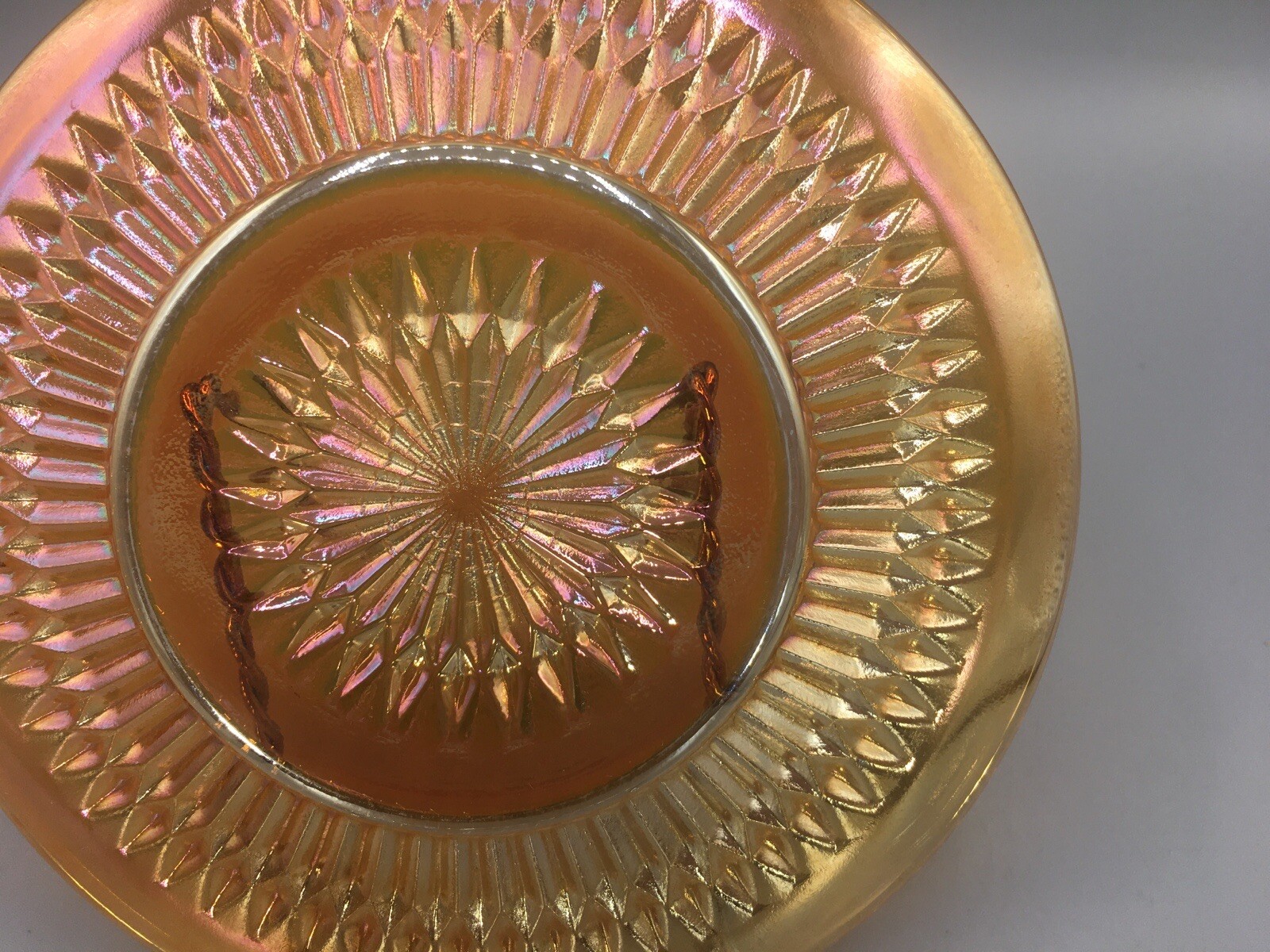 Jeannette Anniversary Marigold Carnival Glass Bread Plate Iridescent Vintage