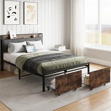 Full/Queen Size Bed Frame Metal Platform Bed w/ 2 Storage Drawers & USB Ports