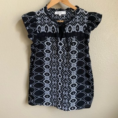 Loft Womens XS Embroidered Eyelet Black Flutter Sleeve