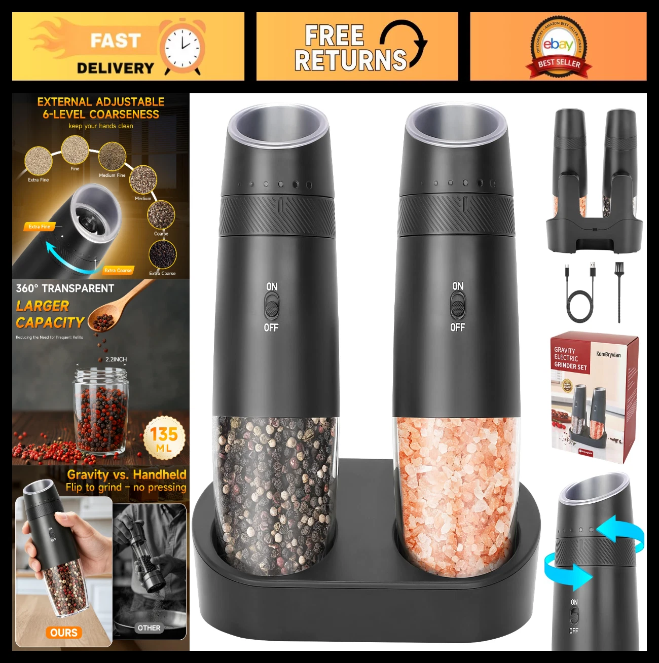 Electric Salt and Pepper Grinder Set - One-Handed Automatic, Adjustable Coarsene