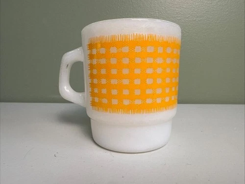 Vintage Fire King Anchor Hocking Mug Goldenrod/Yellow Gingham Cup Oven Proof